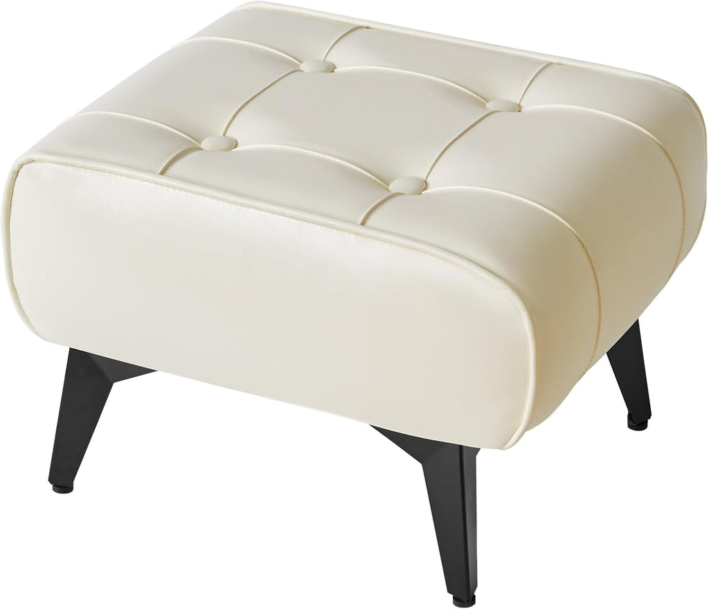 White Faux Leather Metal Leg Square Ottoman Stool