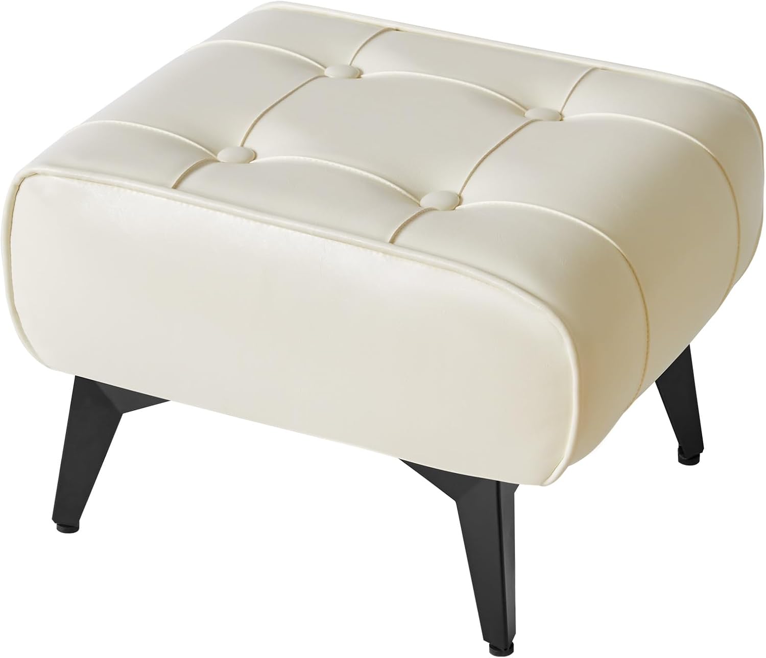 White Faux Leather Metal Leg Square Ottoman Stool