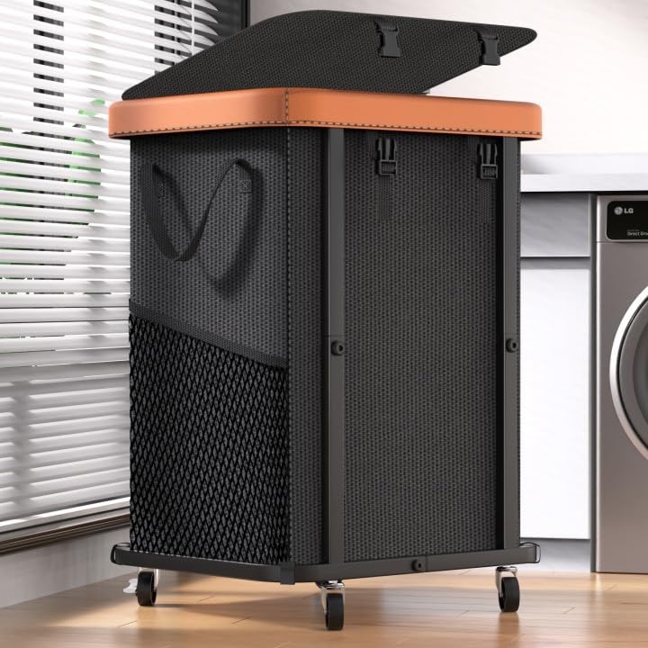 Black Wheeled Leather Patchwork 150L Laundry Hamper Cart