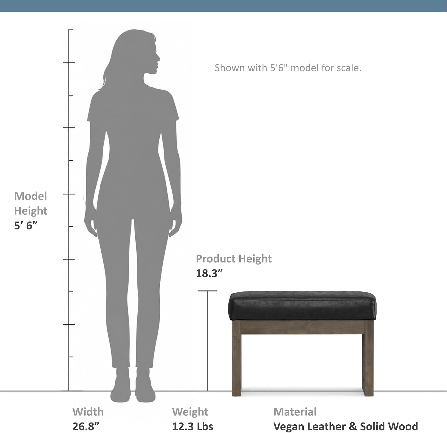 Distressed Black Vegan Leather Rectangle Ottoman Bench