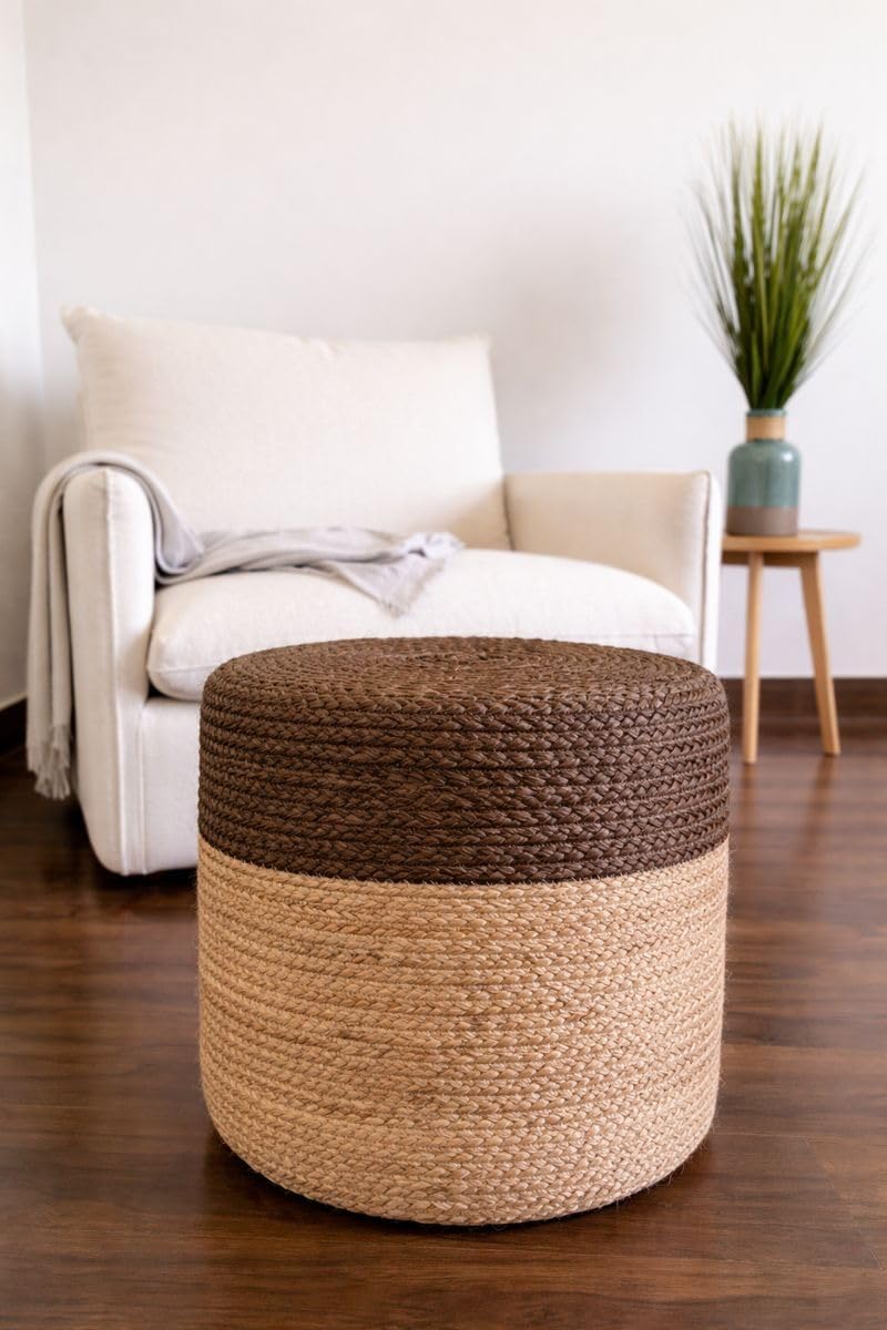 Boho Braided Jute Colorblock Pouf Ottoman