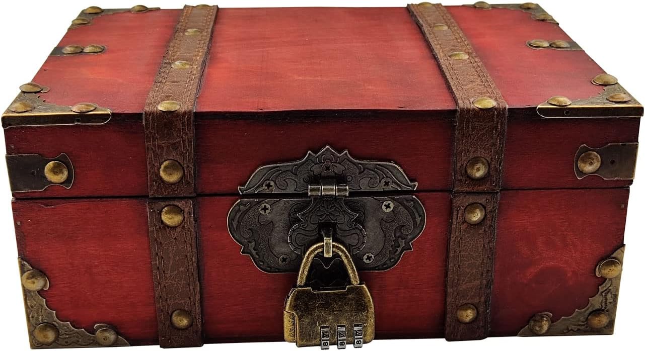 Red Vintage Lockable Wooden Jewelry Treasure Chest