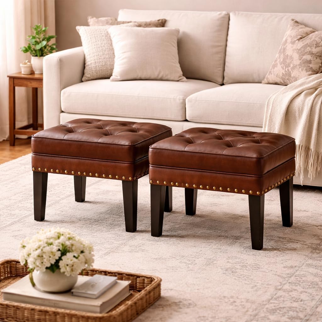 Vintage Tufted Faux Leather Square Ottoman Stools