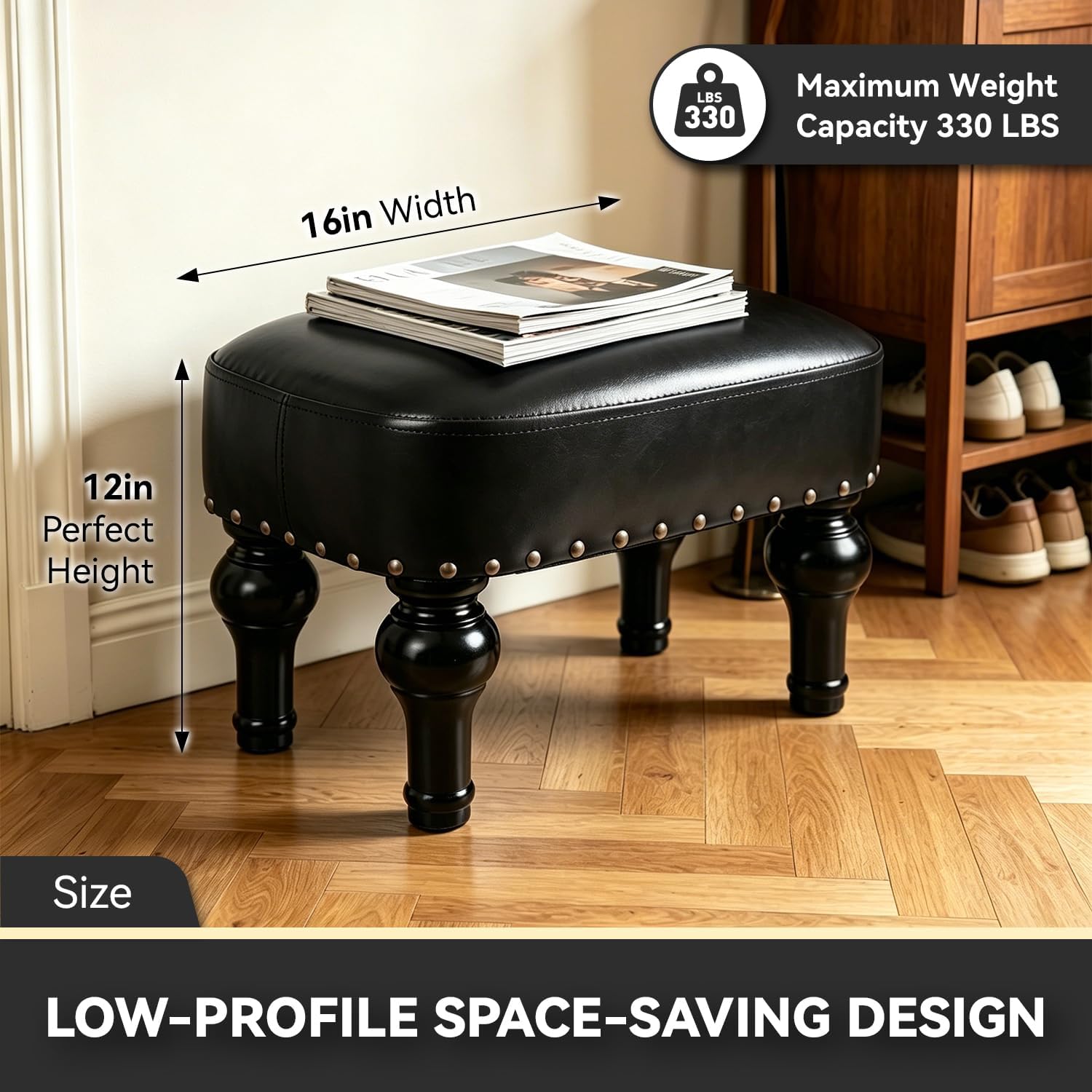 Black Leather Wood Rectangle Ottoman Footrest Stool