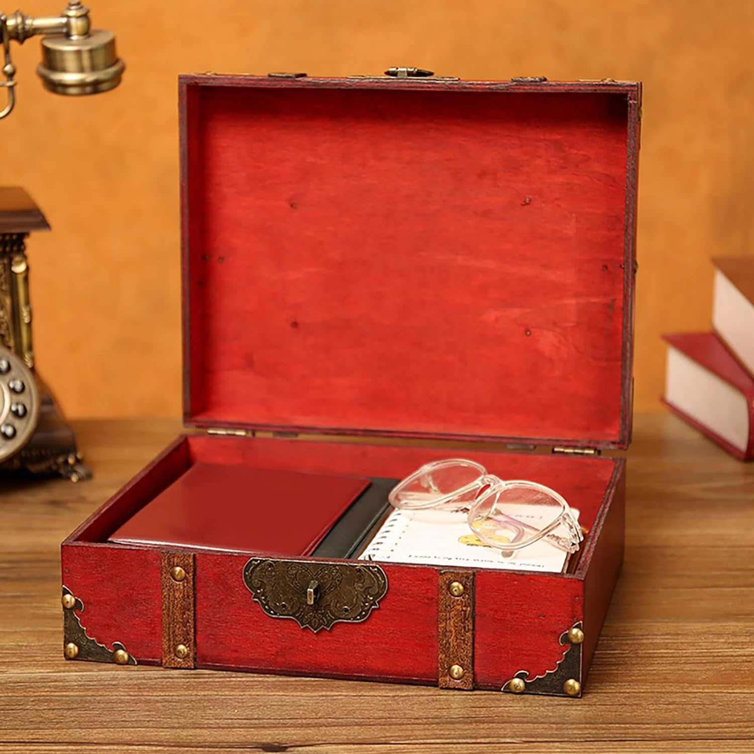 Red Vintage Lockable Wooden Jewelry Treasure Chest