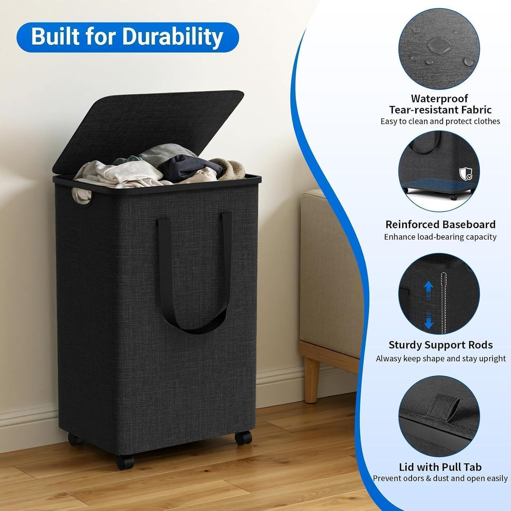 75L Deep Gray Wheeled Collapsible Laundry Hamper With Lid