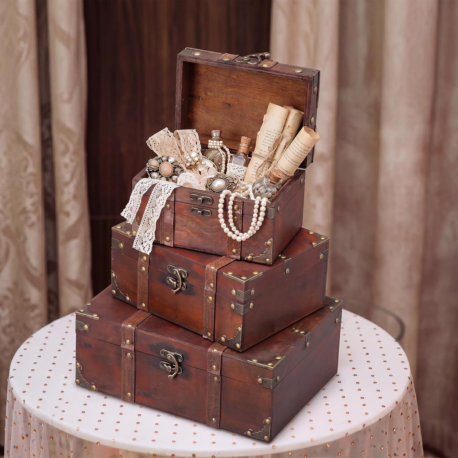 Retro Wood Leather Lock Treasure Storage Chest 4 Pack