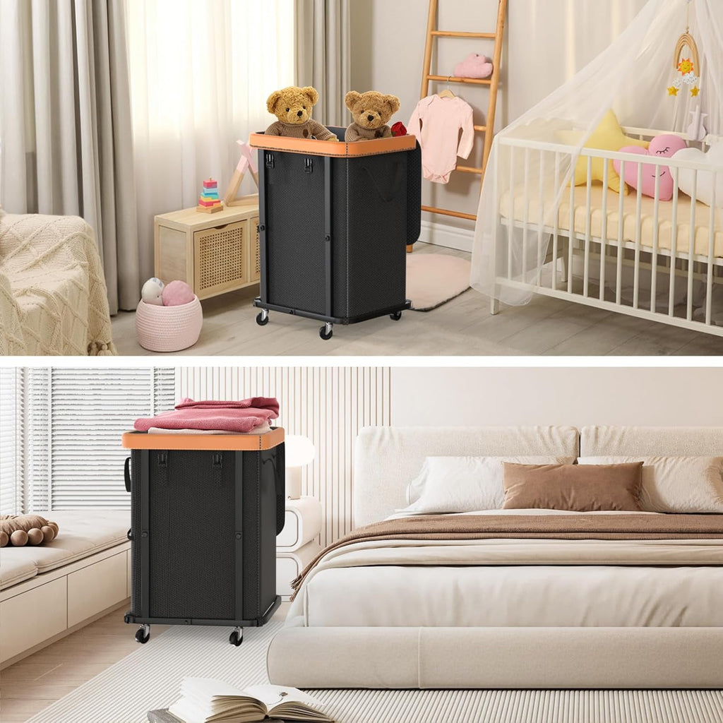 Black Wheeled Leather Patchwork 150L Laundry Hamper Cart