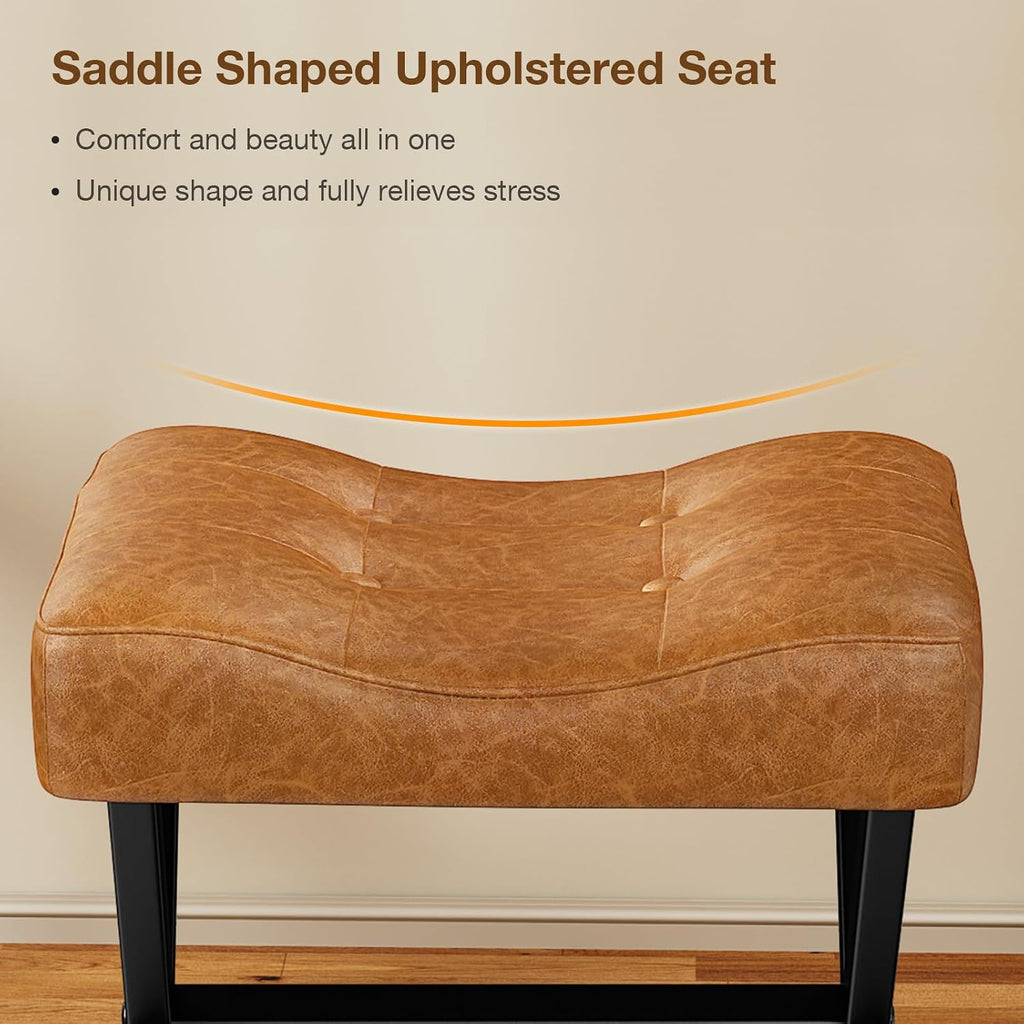 Brown Leather Metal X-Leg Vanity Ottoman Stool
