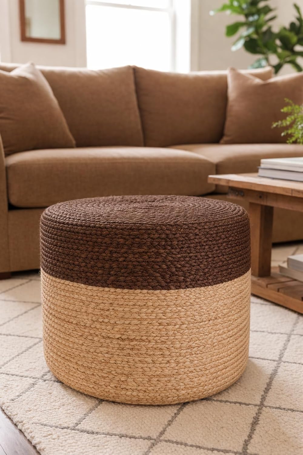 Boho Braided Jute Colorblock Pouf Ottoman