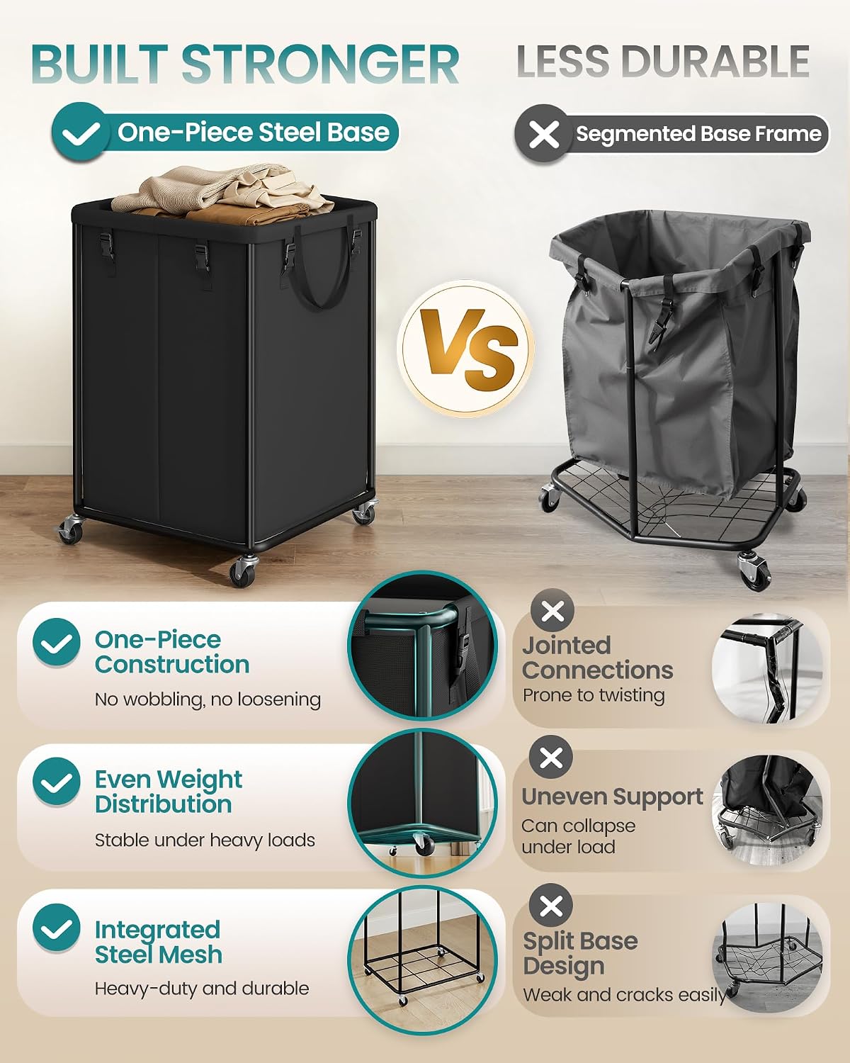 Black 170L Wheeled Steel Frame Laundry Hamper
