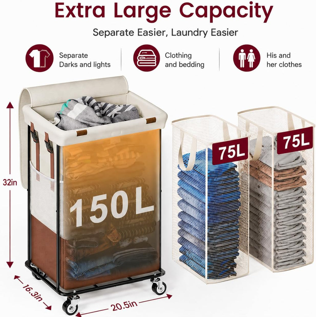 White 150L Wheeled Double Laundry Hamper With Lid