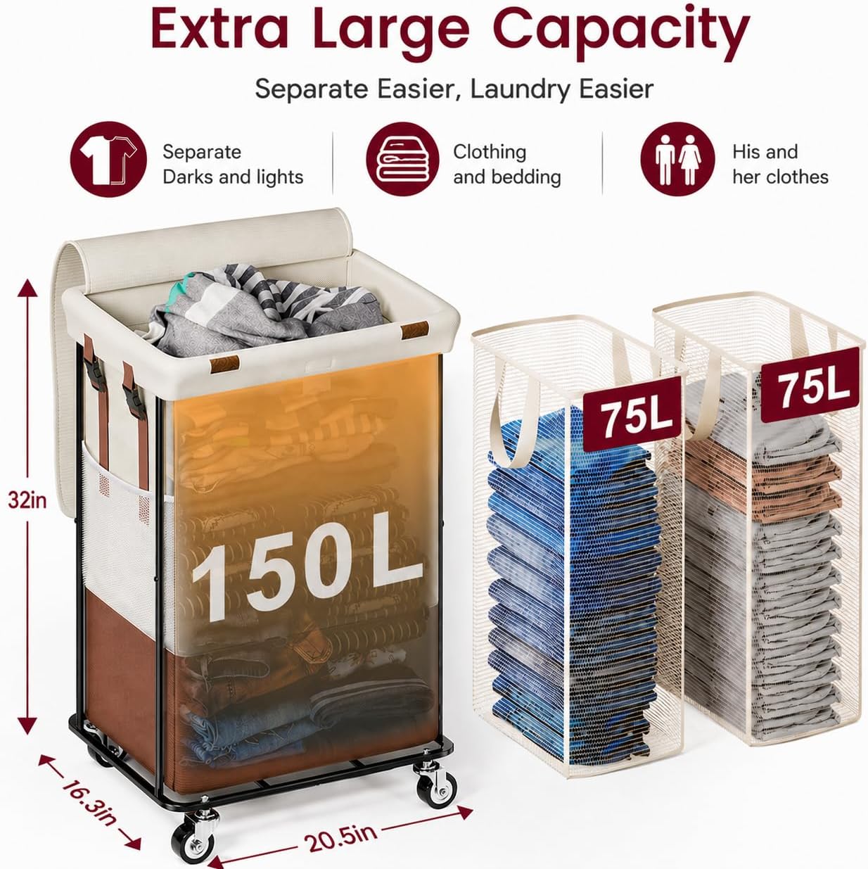 White 150L Wheeled Double Laundry Hamper With Lid