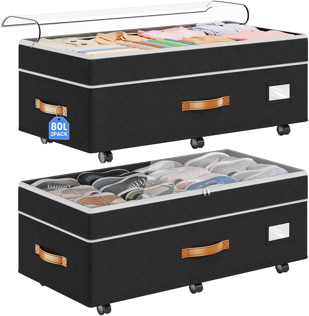 2 Pack Black Wheeled 80L Under Bed Storage Containers