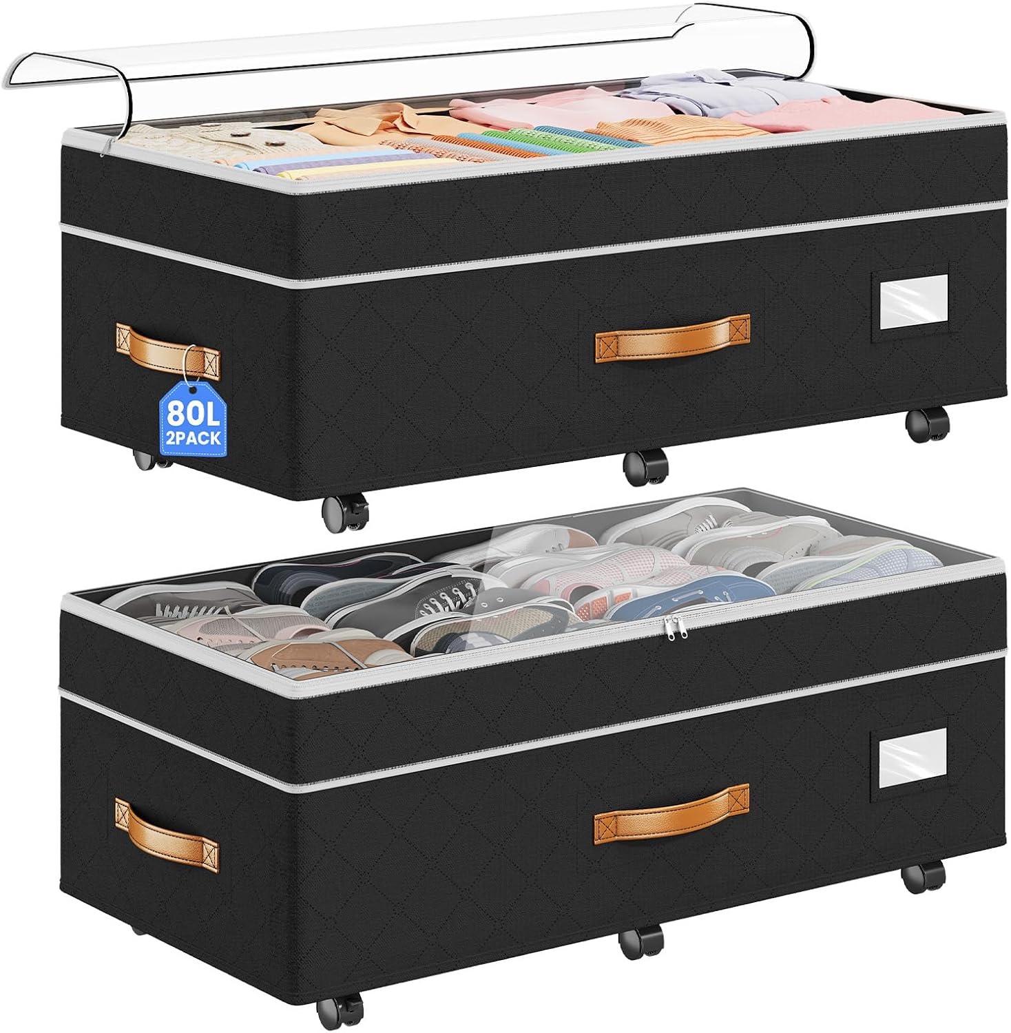 2 Pack Black Wheeled 80L Under Bed Storage Containers