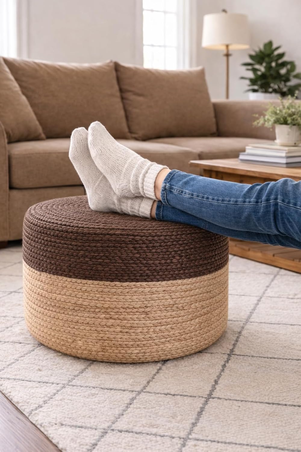 Boho Braided Jute Colorblock Pouf Ottoman