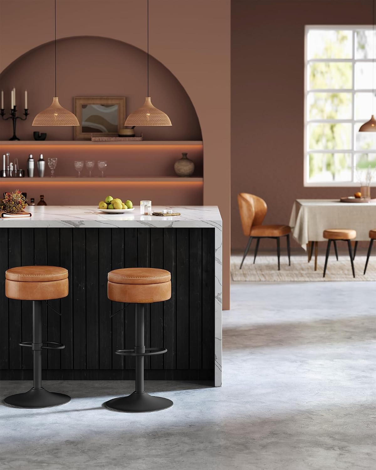 Caramel Brown Swivel Adjustable Leather Bar Stool