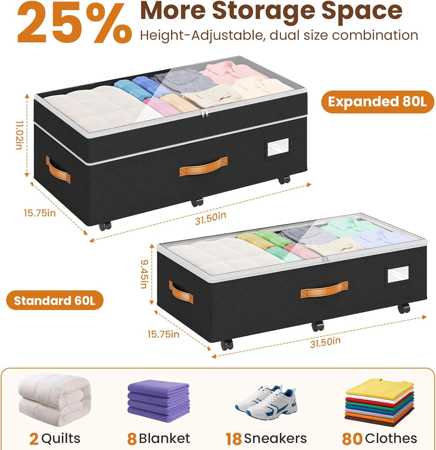 2 Pack Black Wheeled 80L Under Bed Storage Containers