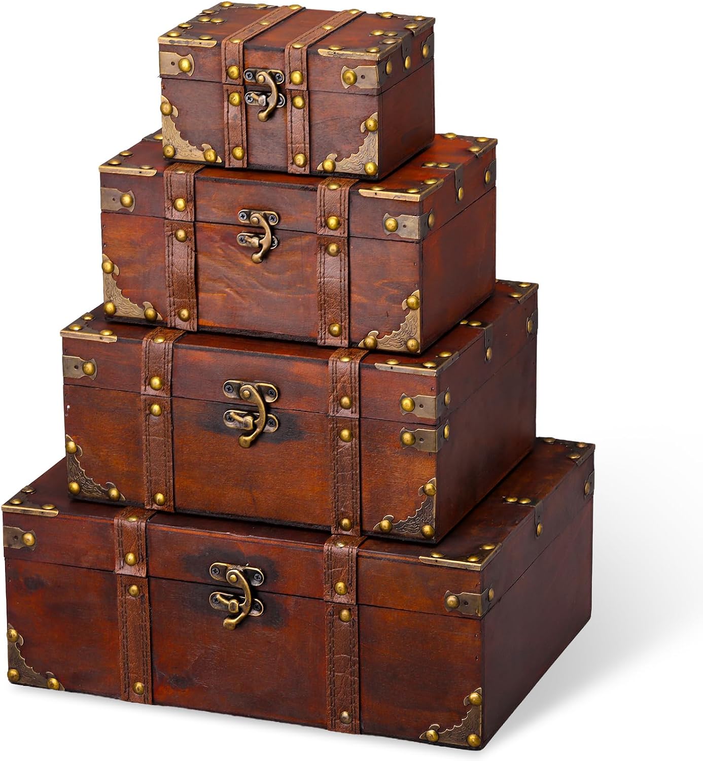 Retro Wood Leather Lock Treasure Storage Chest 4 Pack