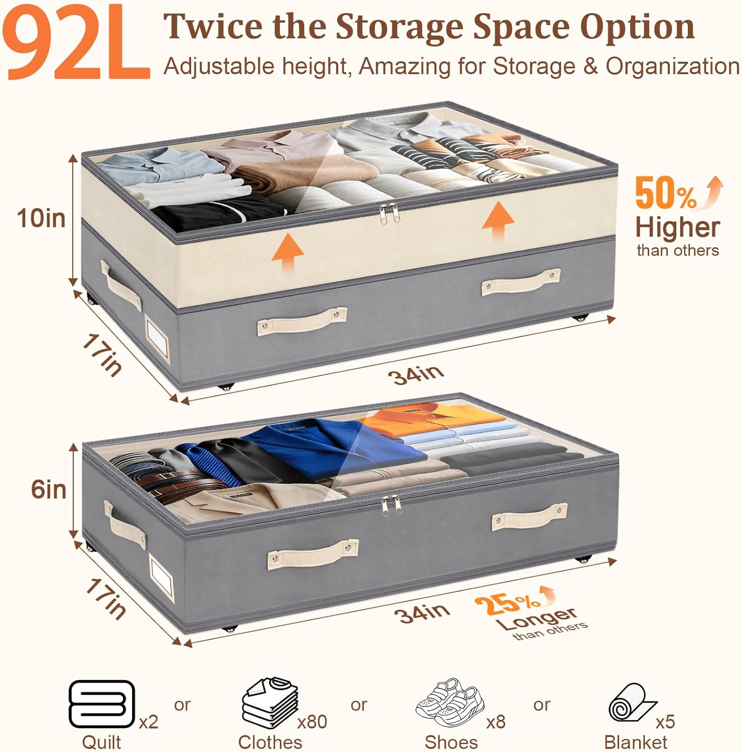 Adjustable Wheeled 92L Under Bed Storage Bins