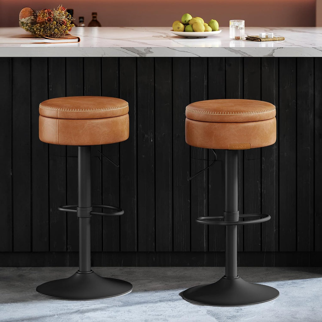 Caramel Brown Swivel Adjustable Leather Bar Stool