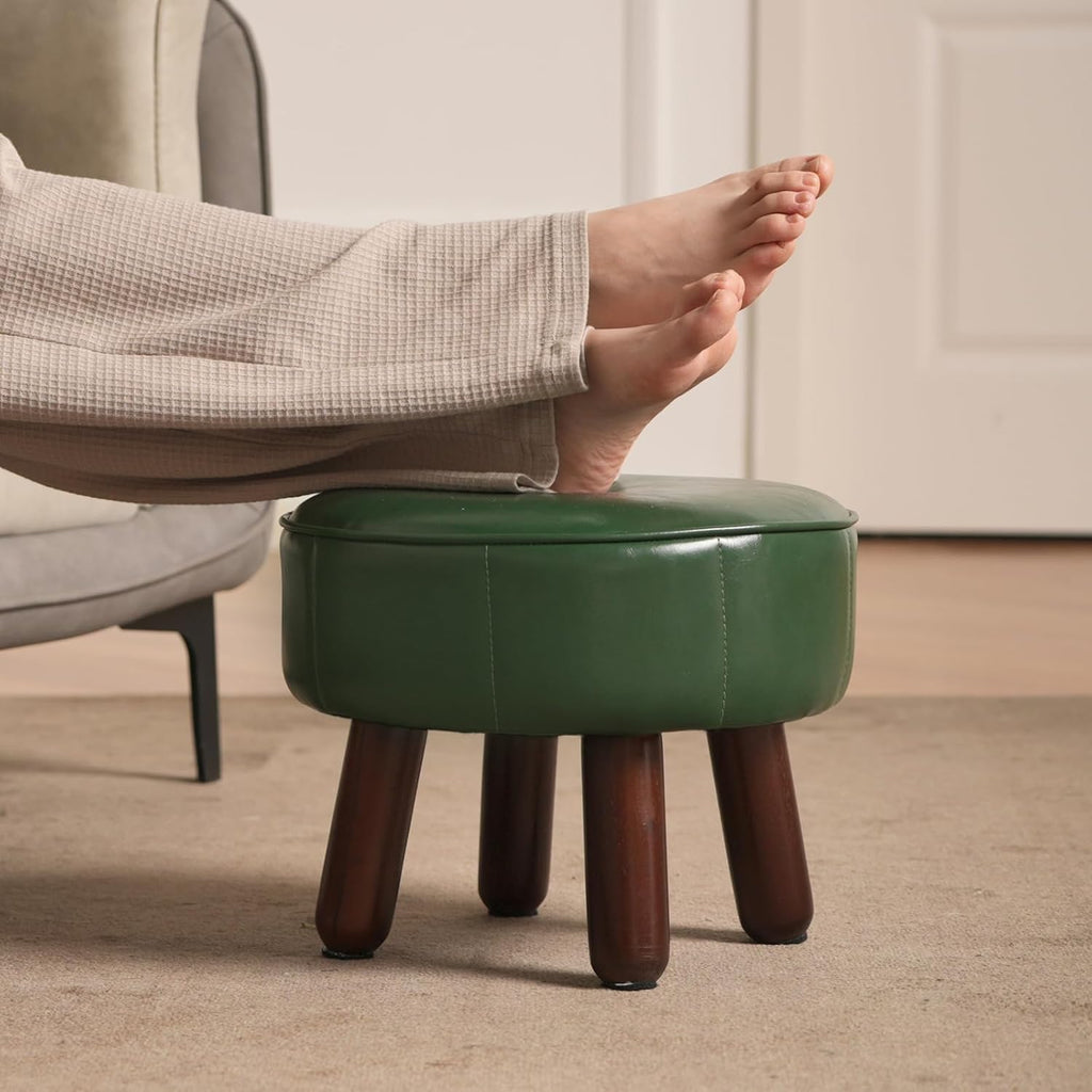 Green Round Faux Leather Non-Skid Ottoman Footrest
