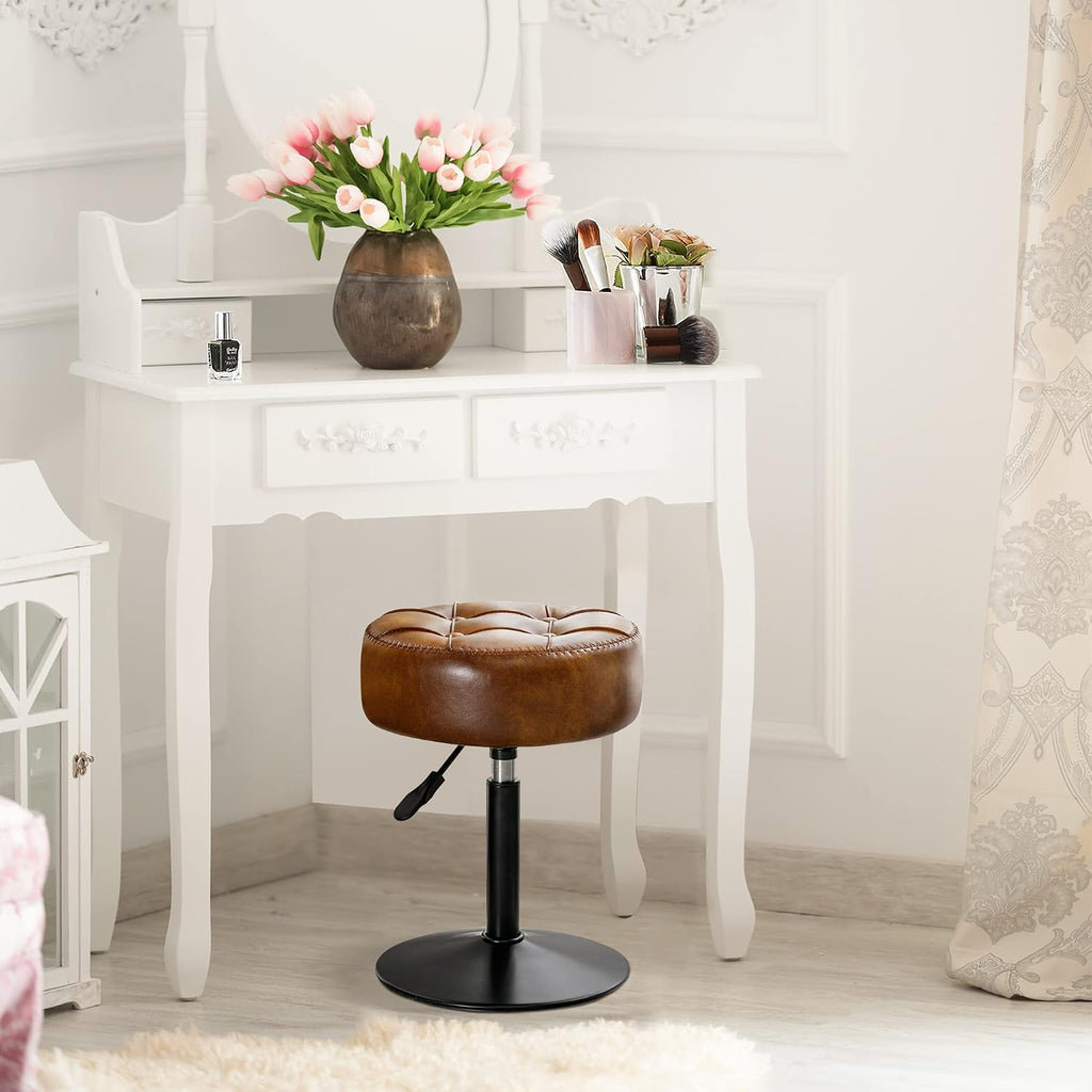 Brown Swivel Adjustable Faux Leather Vanity Stool
