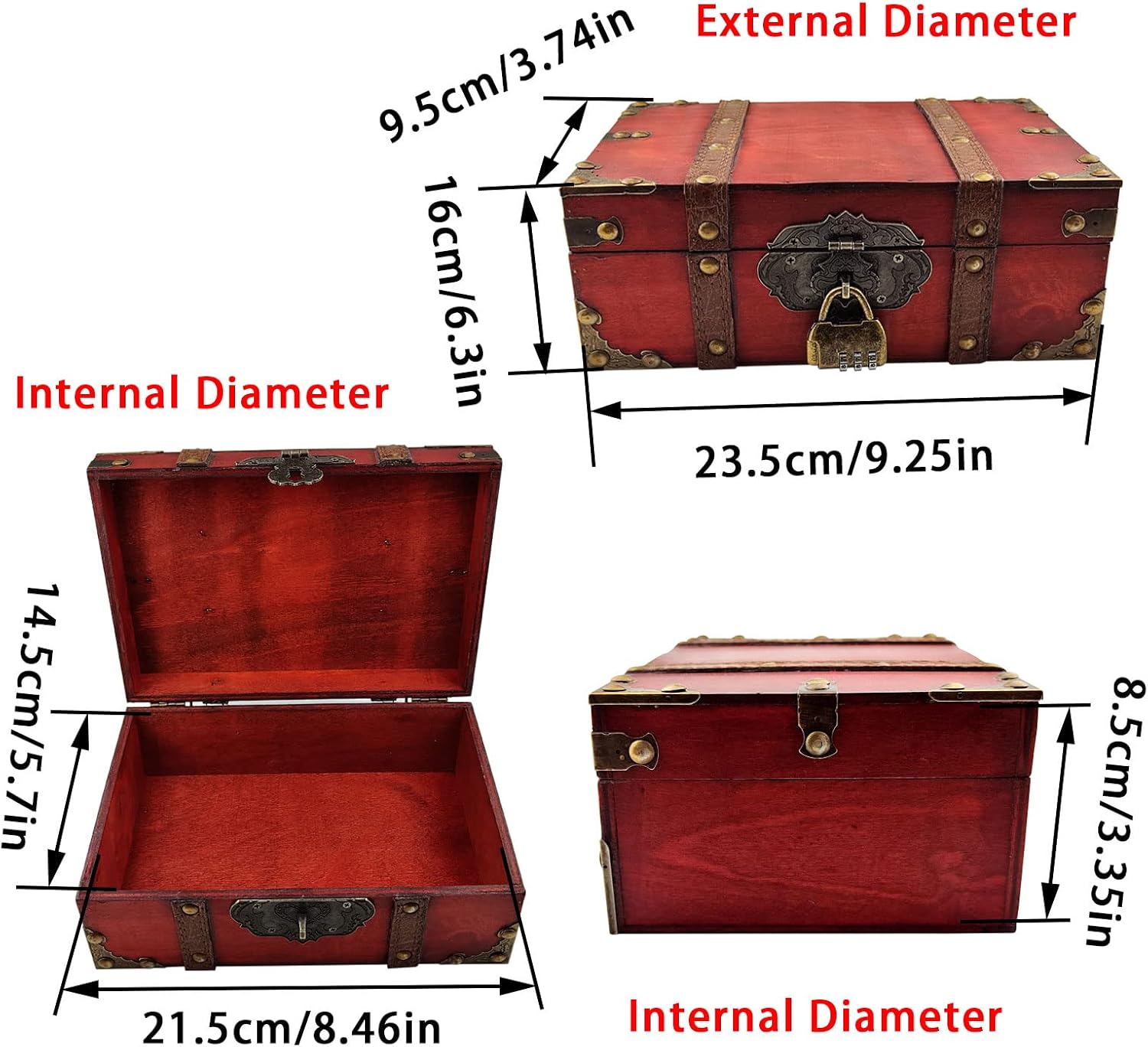 Red Vintage Lockable Wooden Jewelry Treasure Chest