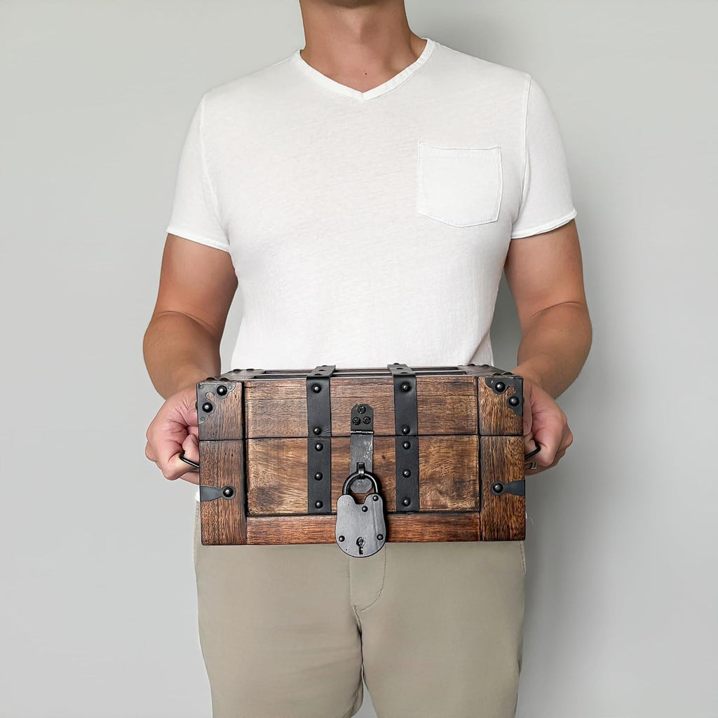 Handmade Wooden Treasure Chest Leather Iron Lock Storage Box