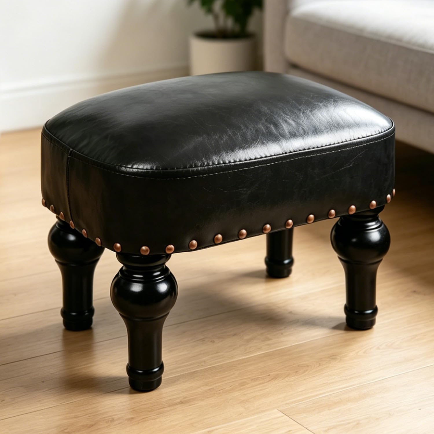 Black Leather Wood Rectangle Ottoman Footrest Stool