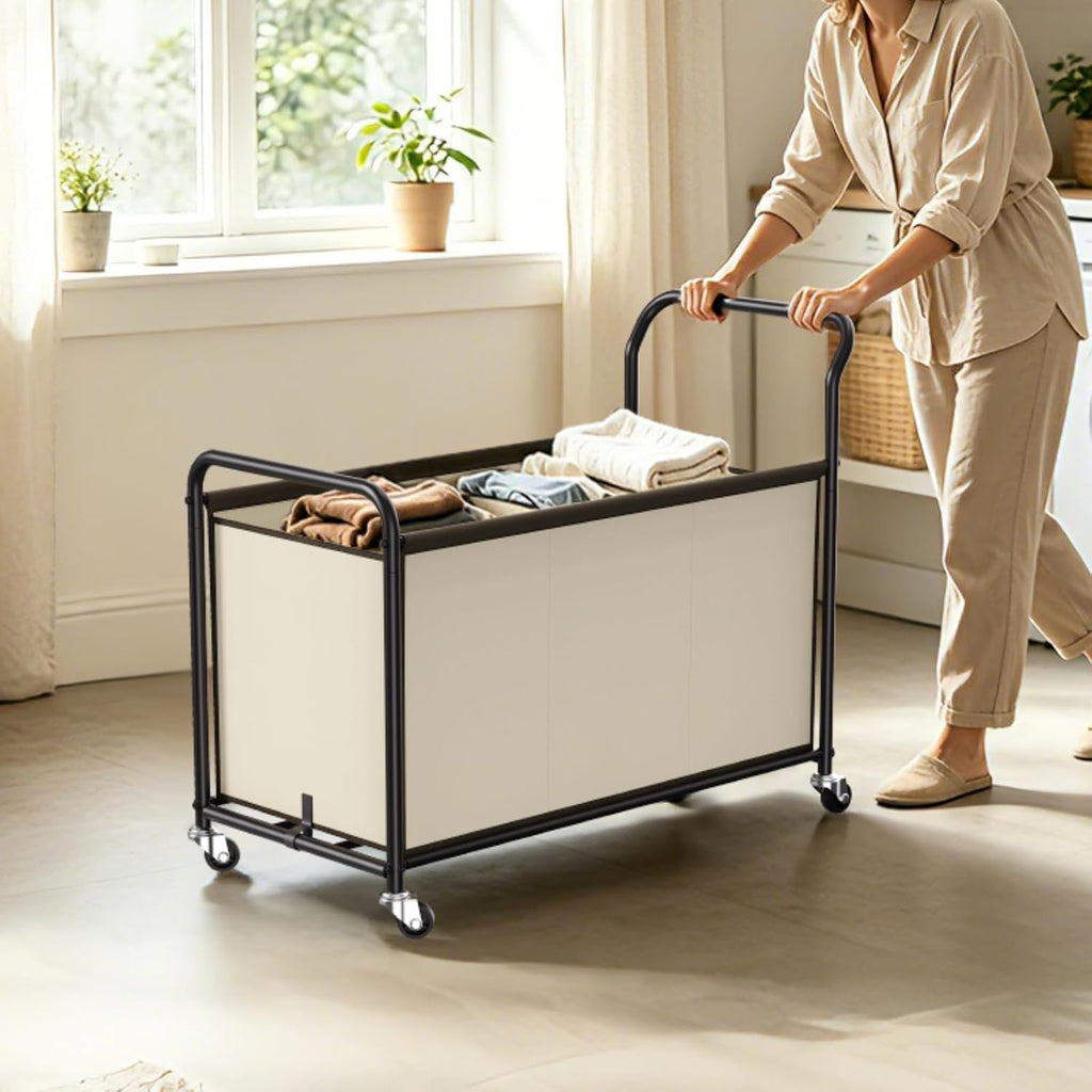 150L 3-Section Wheeled Metal Laundry Sorter Cart
