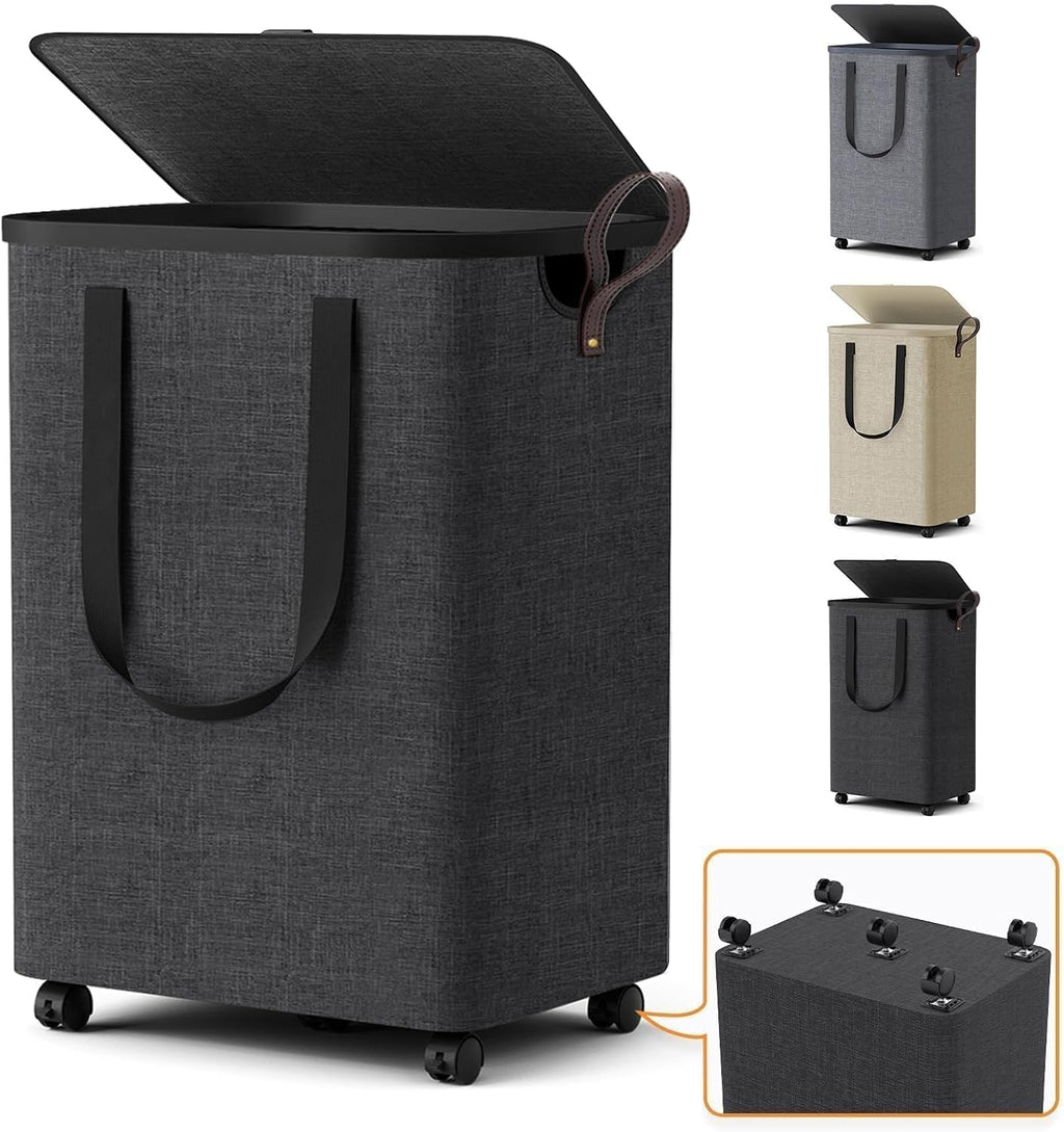 75L Deep Gray Wheeled Collapsible Laundry Hamper With Lid