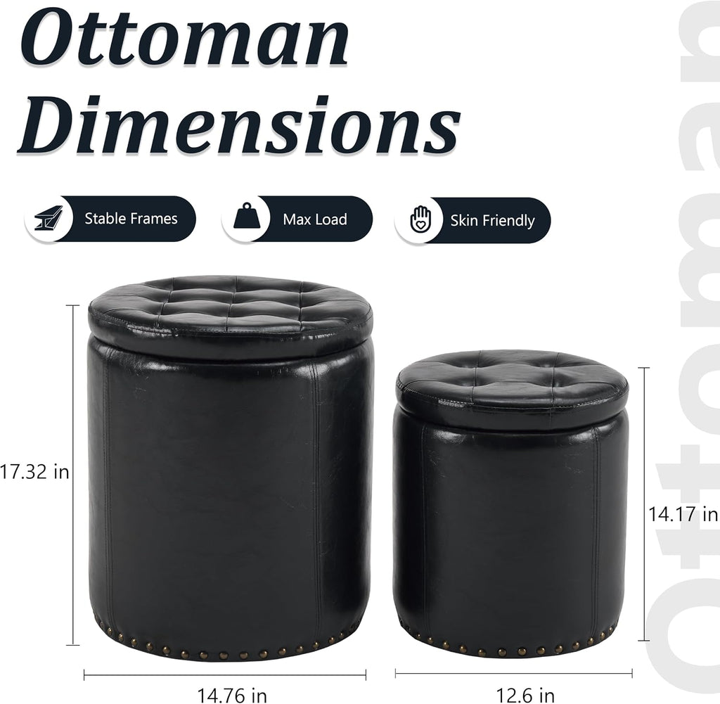 Black Tufted Faux Leather Round Storage Ottomans
