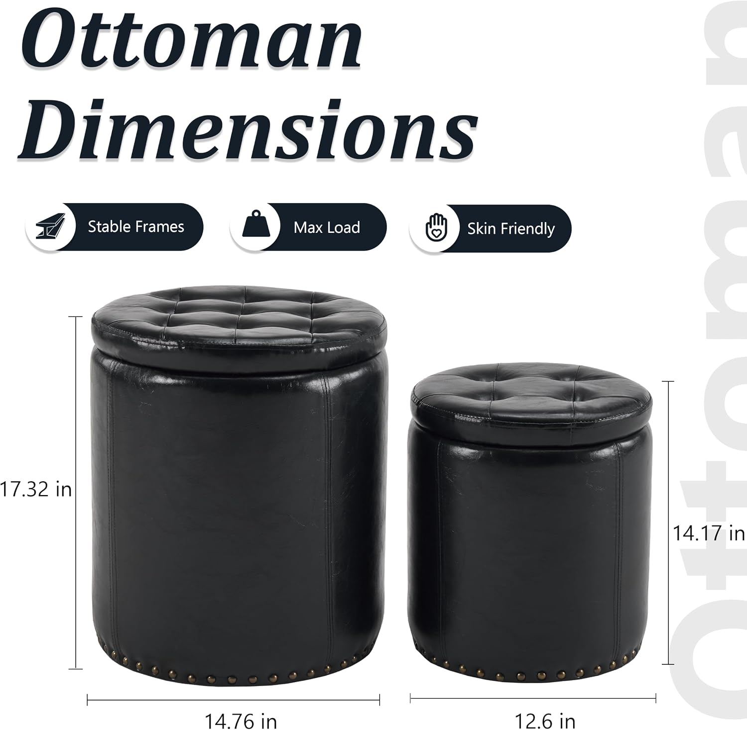 Black Tufted Faux Leather Round Storage Ottomans