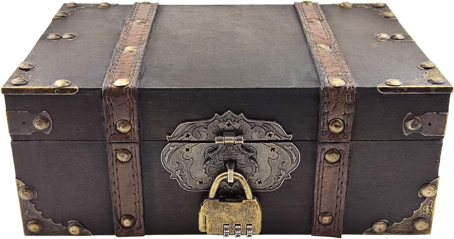 Grey Vintage Lockable Wooden Jewelry Treasure Chest