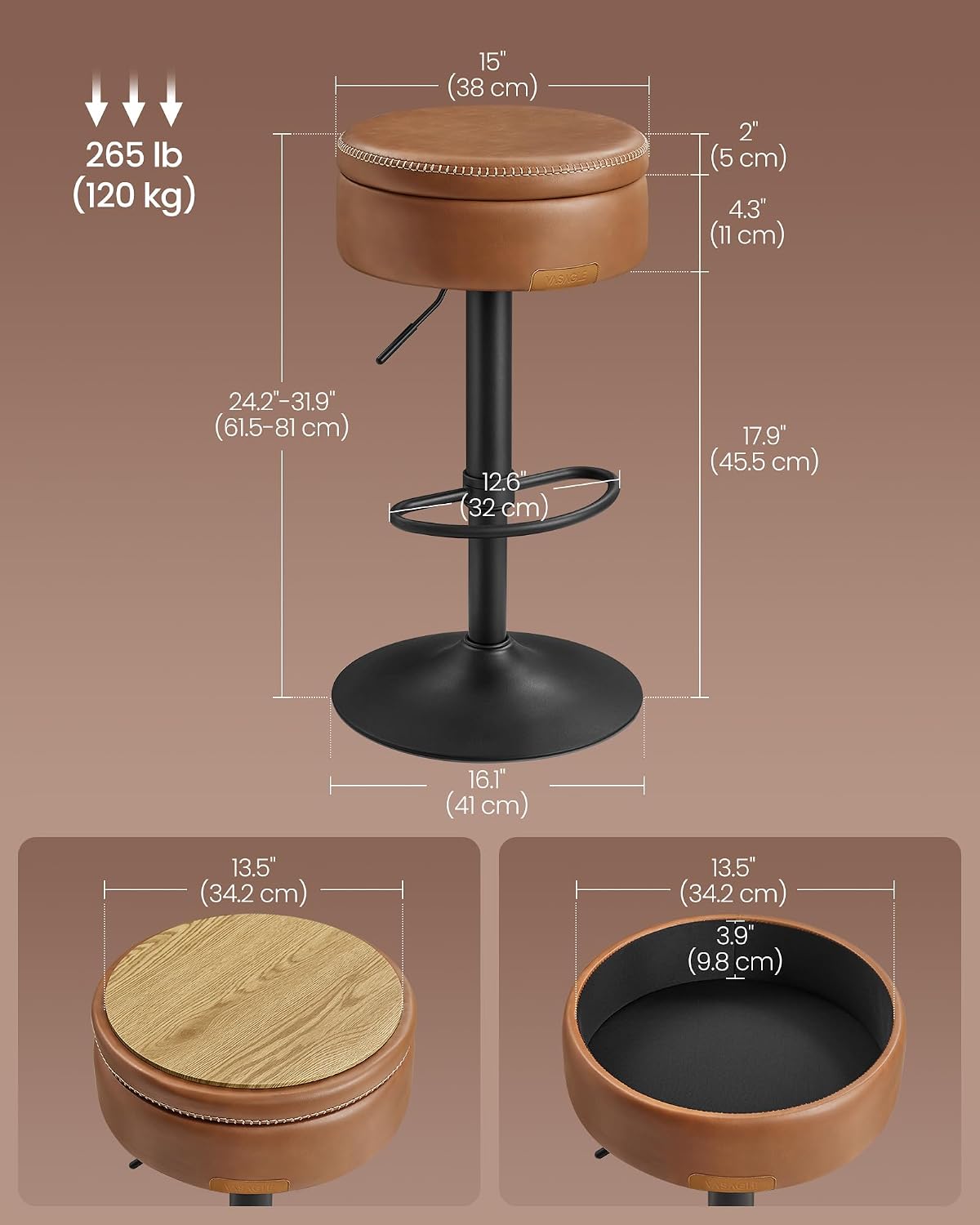 Caramel Brown Swivel Adjustable Leather Bar Stool
