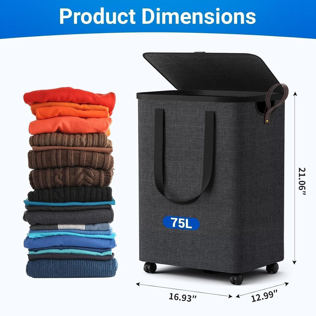 75L Deep Gray Wheeled Collapsible Laundry Hamper With Lid