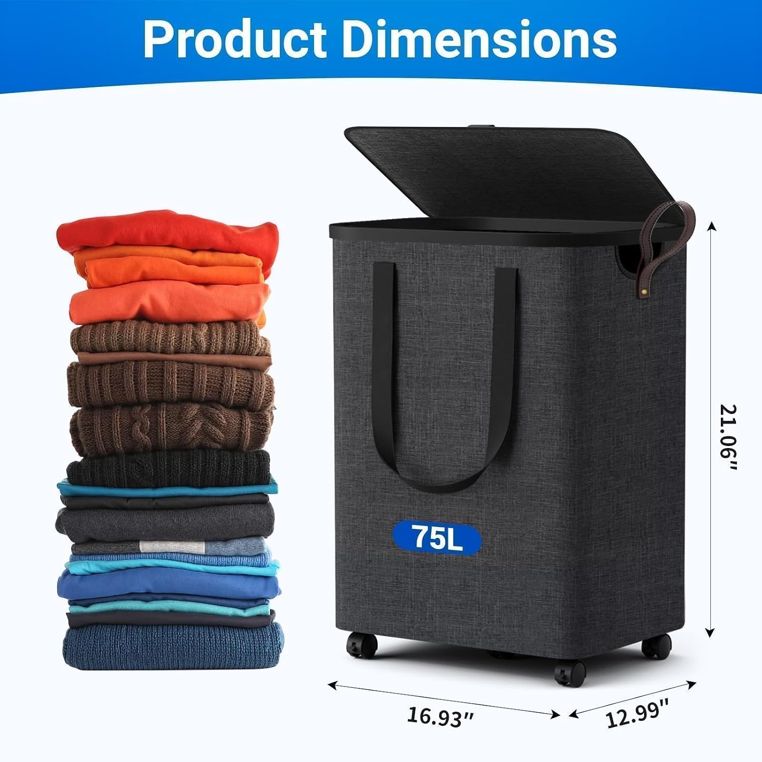 75L Deep Gray Wheeled Collapsible Laundry Hamper With Lid