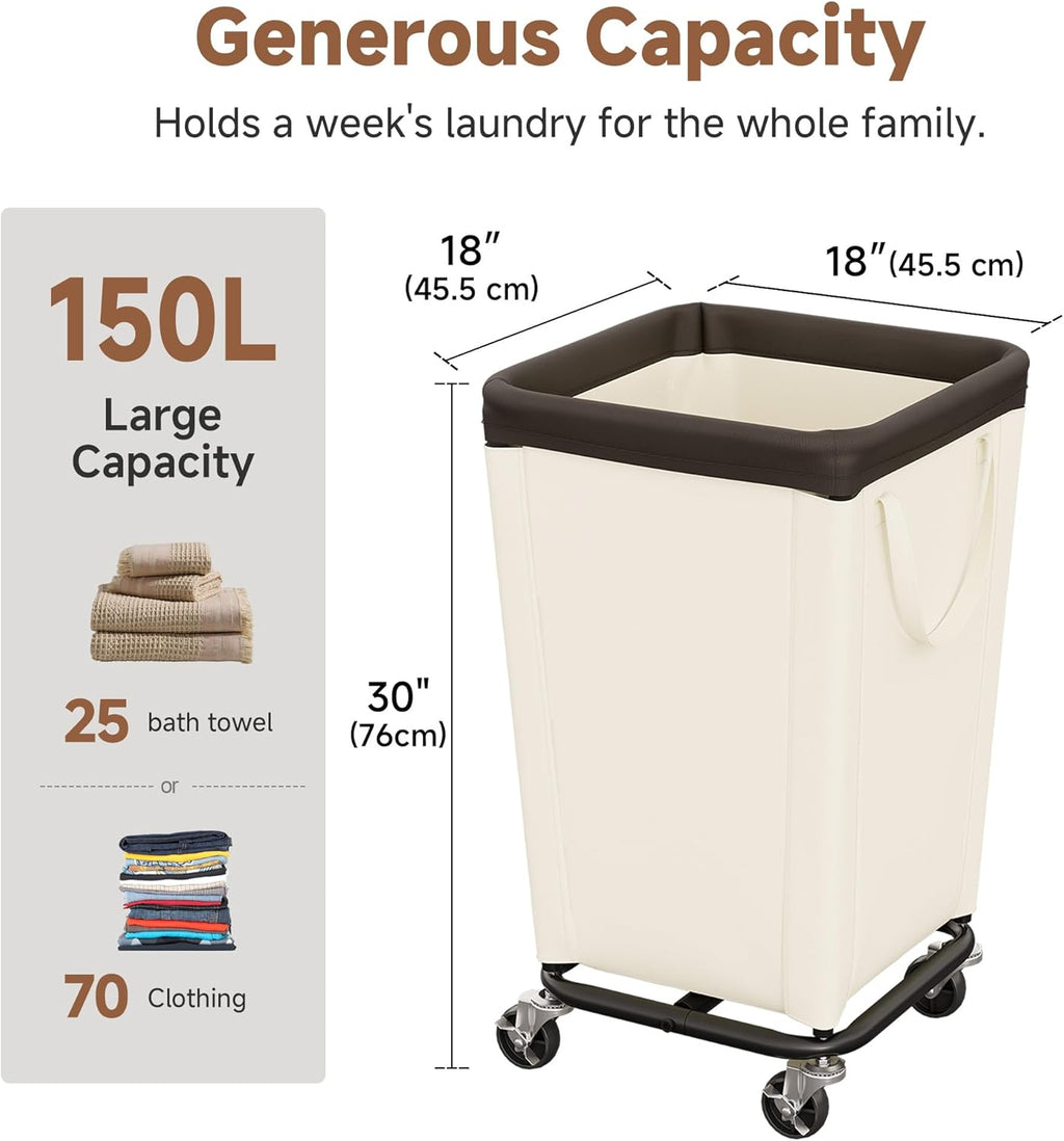 Beige Wheeled 160L Rolling Laundry Hamper Basket