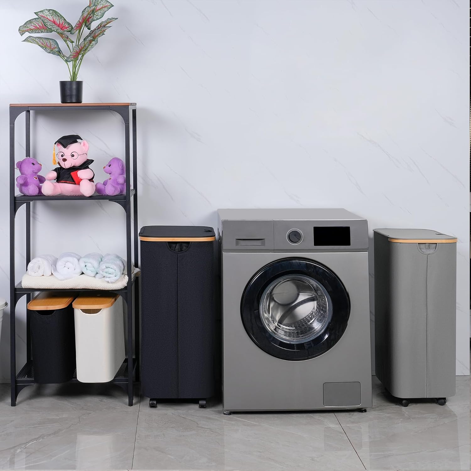 Black 110L Wheeled Bamboo Frame Laundry Hamper