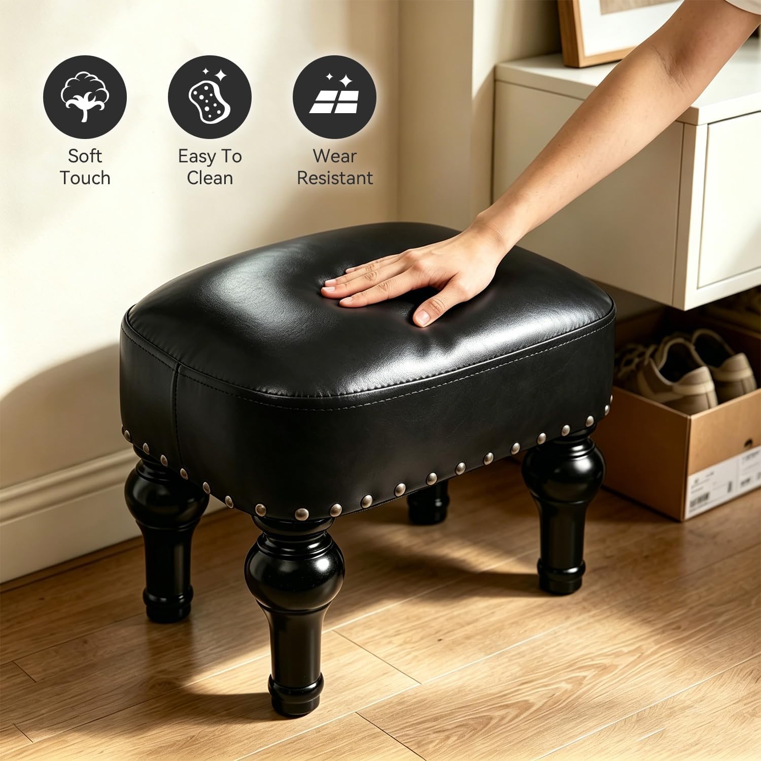 Black Leather Wood Rectangle Ottoman Footrest Stool