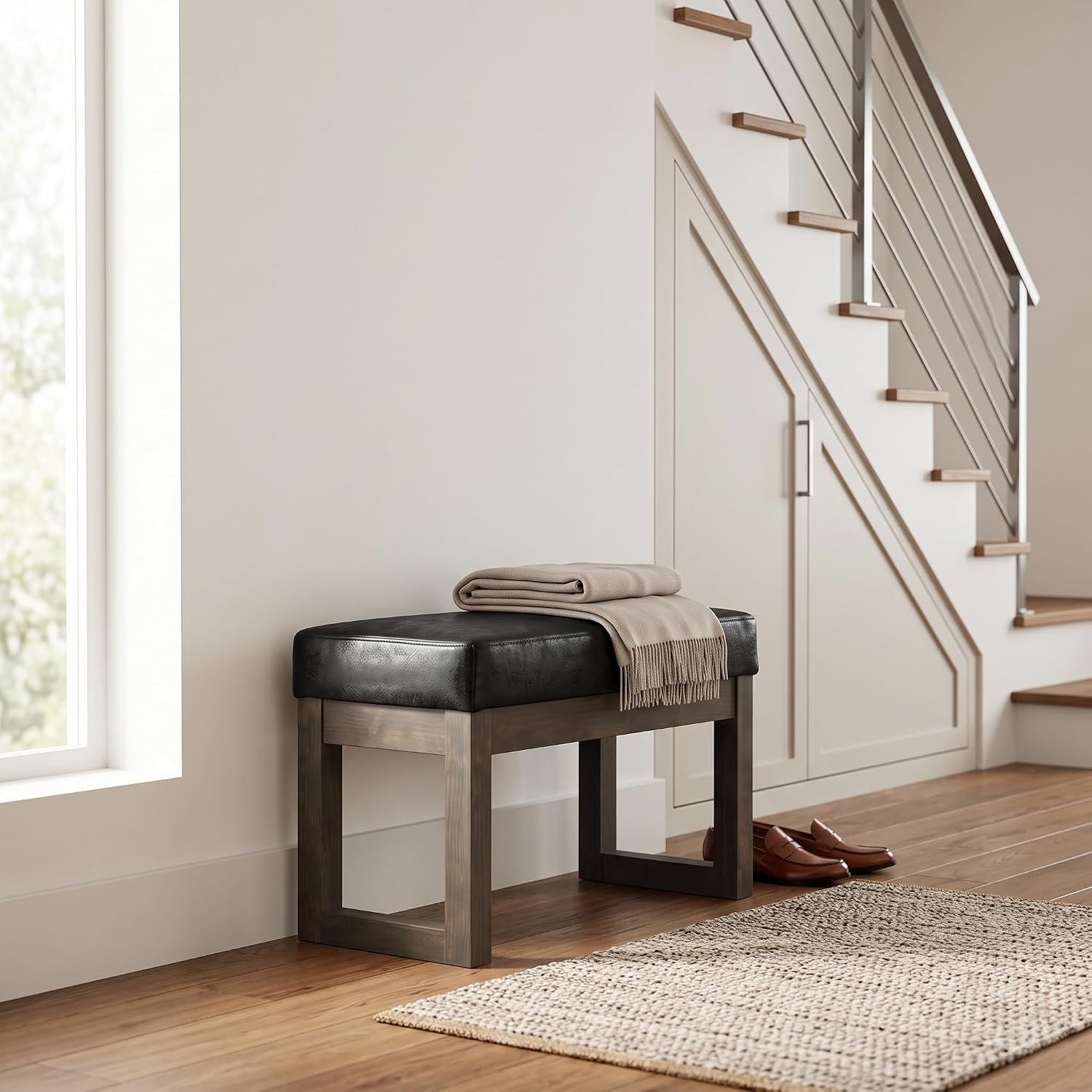 Distressed Black Vegan Leather Rectangle Ottoman Bench