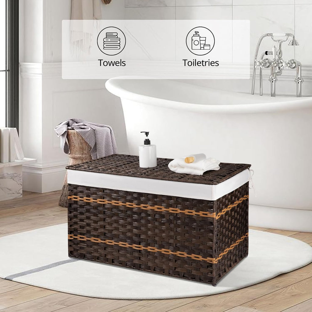 Brown Synthetic Wicker Storage Basket With Lid