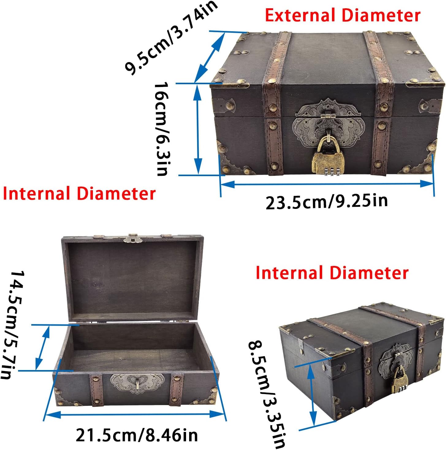 Grey Vintage Lockable Wooden Jewelry Treasure Chest