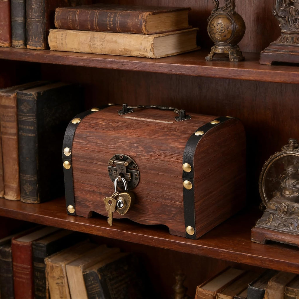 Retro Lockable Wooden Treasure Chest Coin Storage Box
