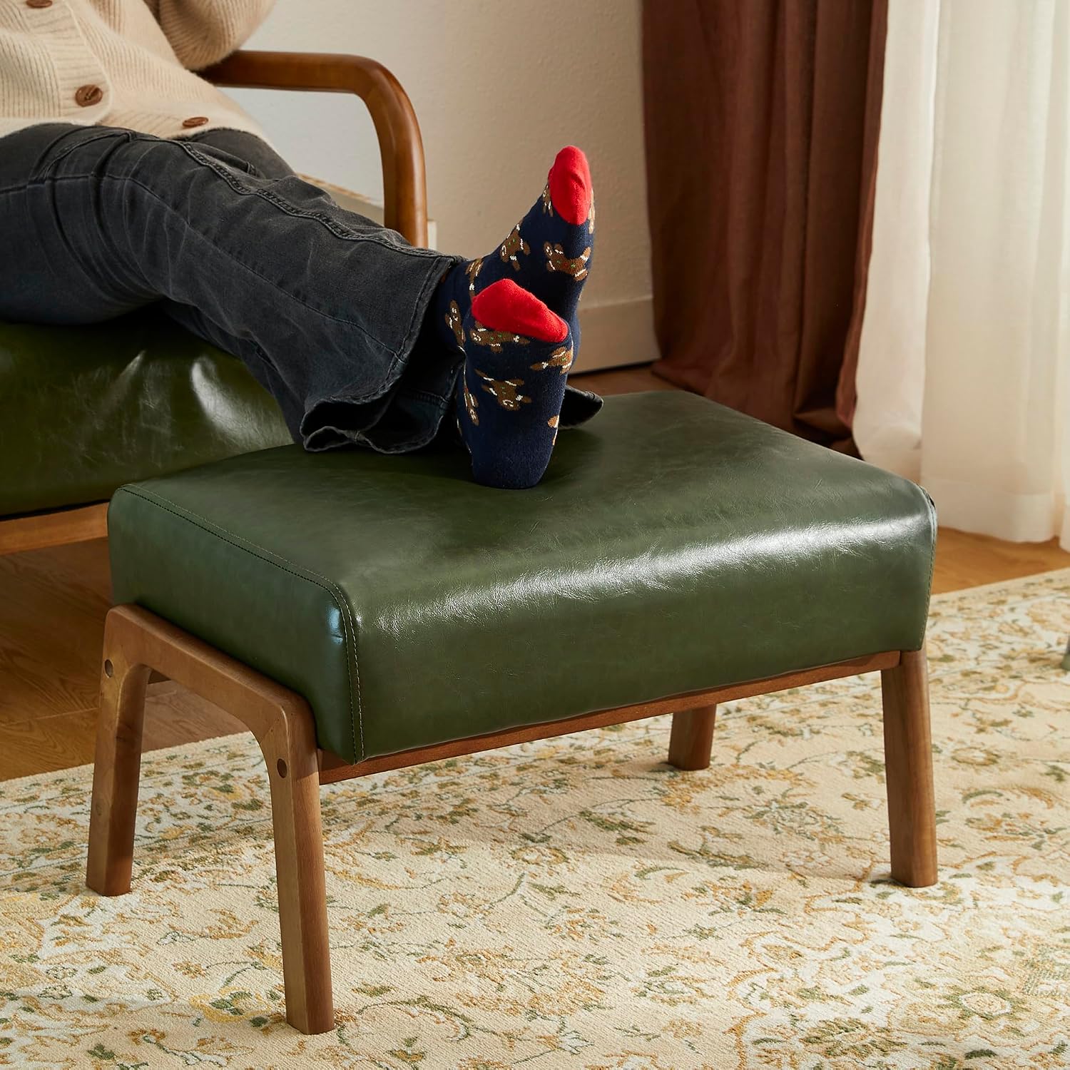 Hunter Green Leatherette Wooden Frame Footrest Ottoman Bench