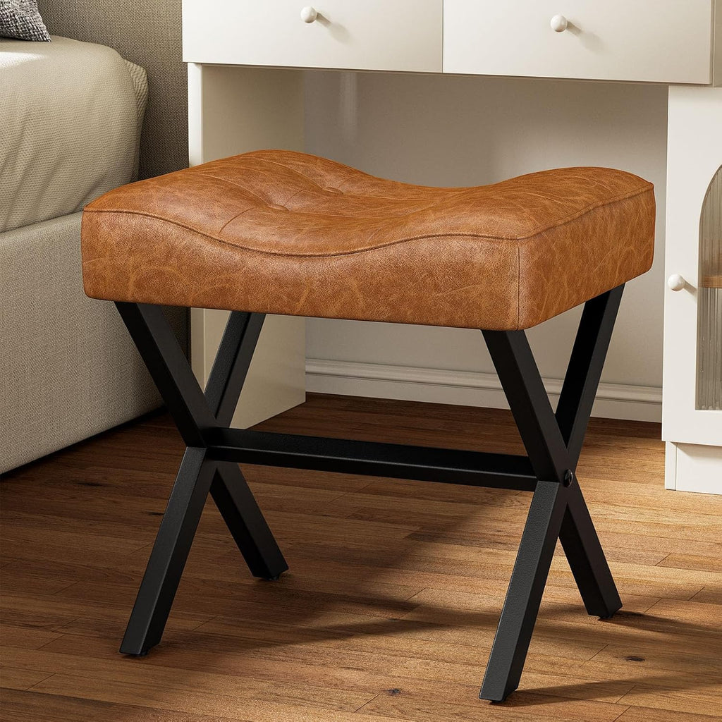 Brown Leather Metal X-Leg Vanity Ottoman Stool