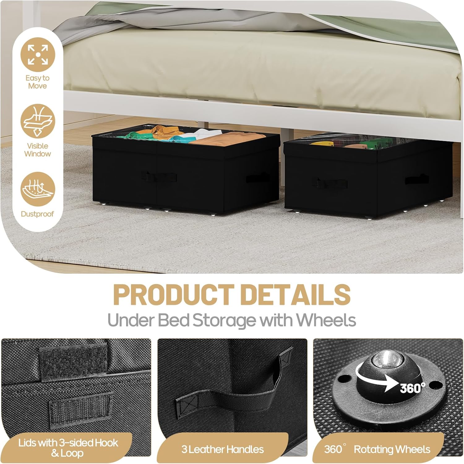 Black Wheeled Under Bed Storage Containers 2 Pack