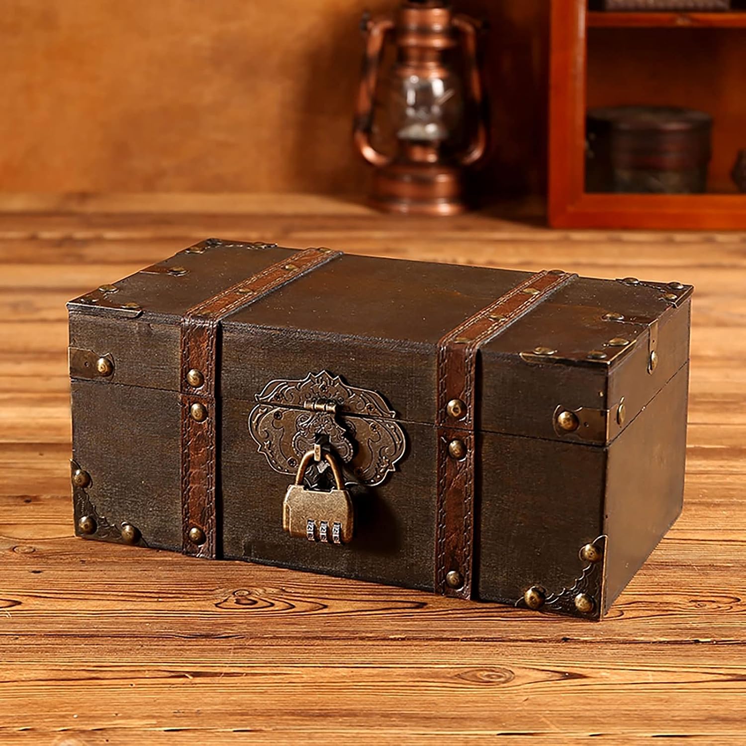 Grey Vintage Lockable Wooden Jewelry Treasure Chest