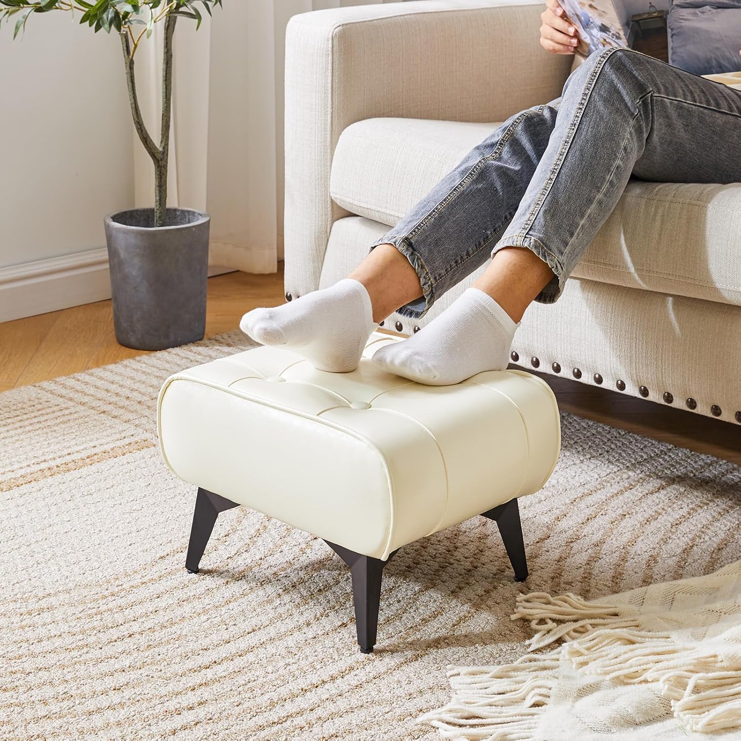 White Faux Leather Metal Leg Square Ottoman Stool